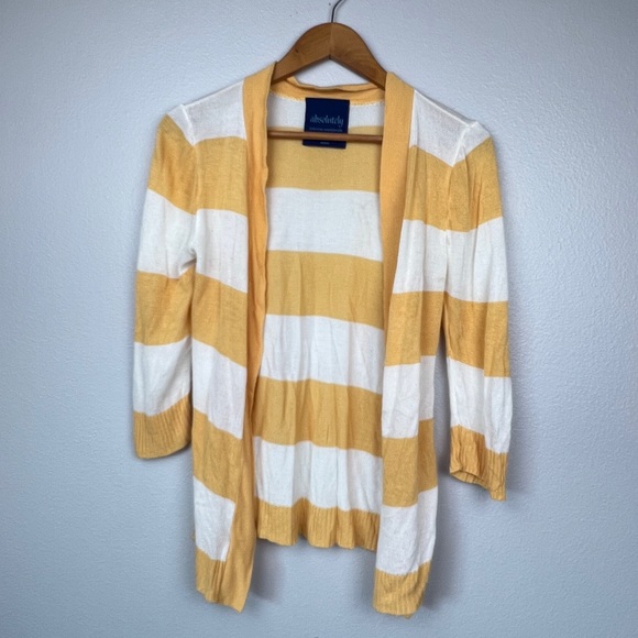ABSOLUTELY Yellow and White Rugby Stripe 3/4 Sleeve Cardigan Open Sweater - Picture 4 of 8